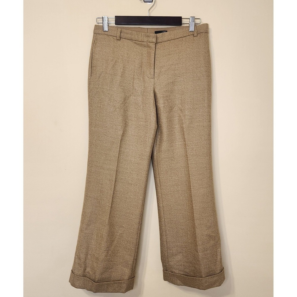 J‎ Crew Womens Tan`100% Lambswool Tweed Wide Leg Cuffed Dress Pants Size 6 Vtg